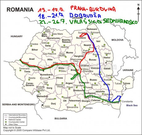 Rumunsko - mapa našeho cestování